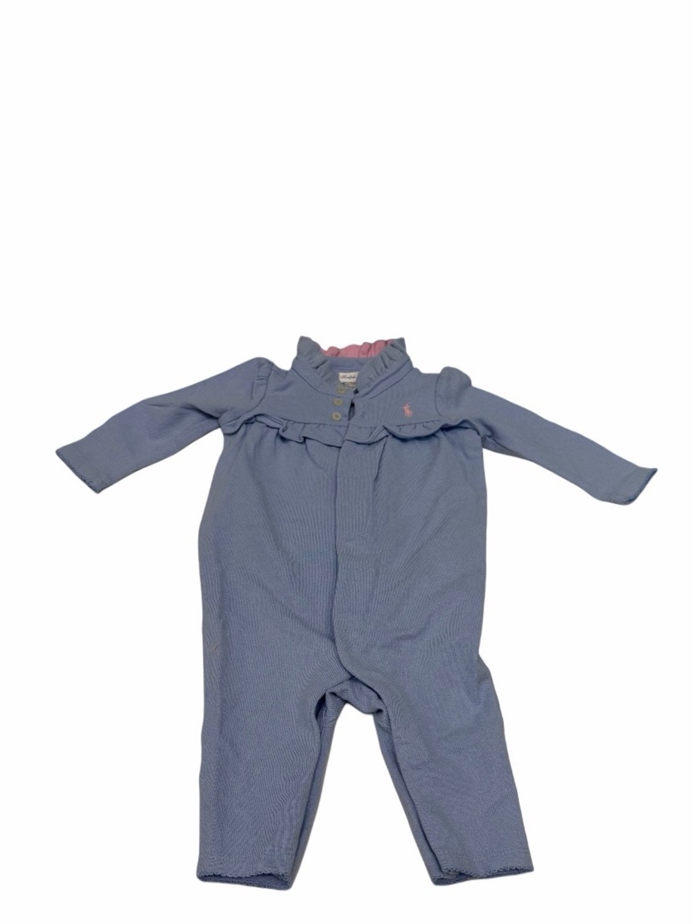 Ralph Lauren Baby Girl One Piece Blue Ruffle Embroided Logo Size 6 Month